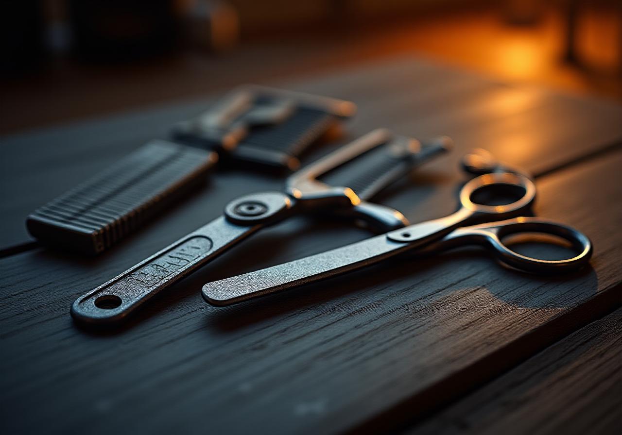 Strumenti da barbiere posizionati su un tavolo di legno scuro con un'atmosfera professionale